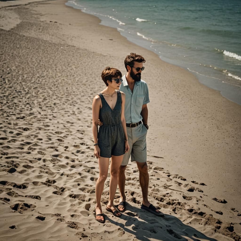 Woman and Man on Beach in Hyperrealistic Style