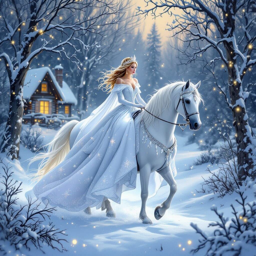 Enchanting Snow Princess Rides Horse Through Twilight Forest