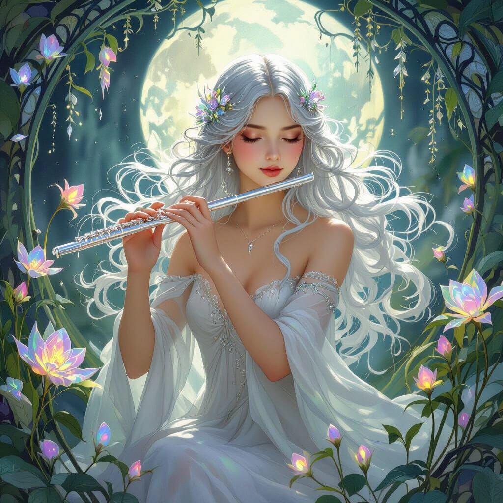 Nymph Playing Flute in Moonlit Garden