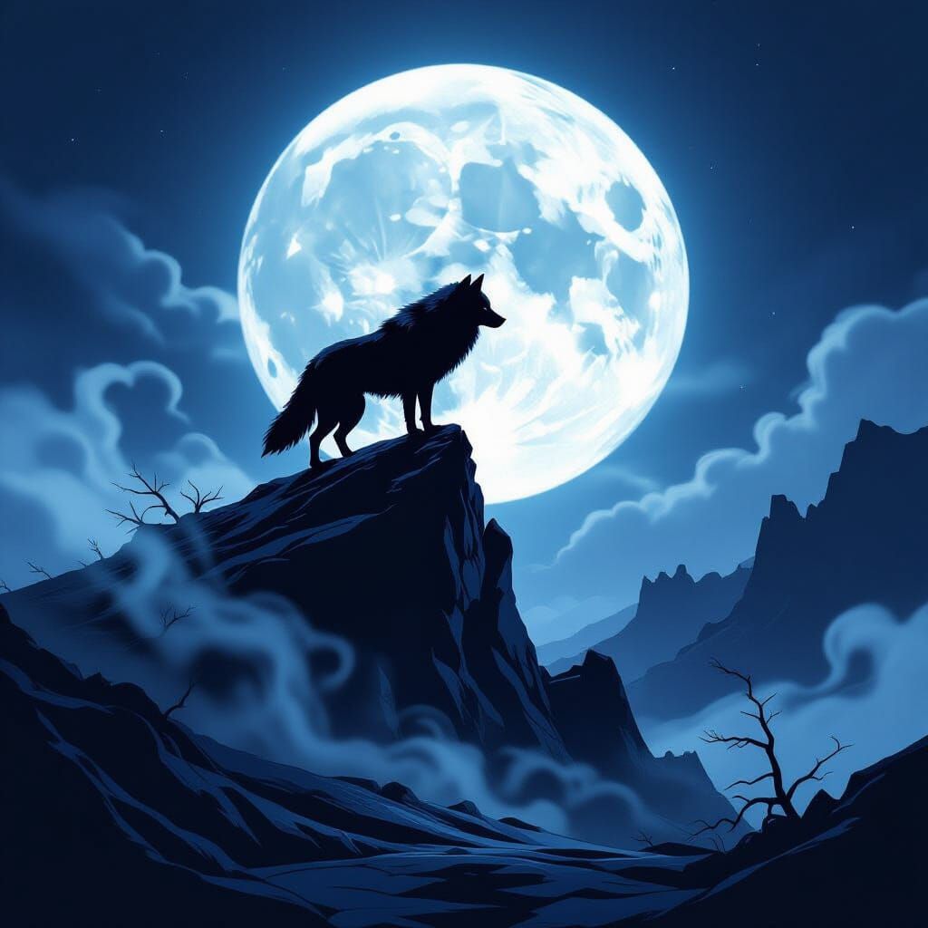 Lone Wolf on Obsidian Peak Under Full Moon in Dark Fantasy S...
