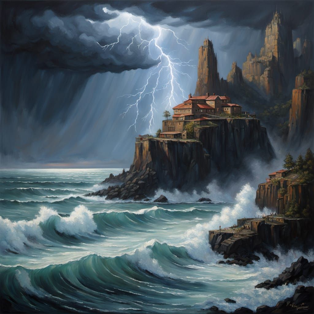 Floating Crystalline City Above Stormy Seas