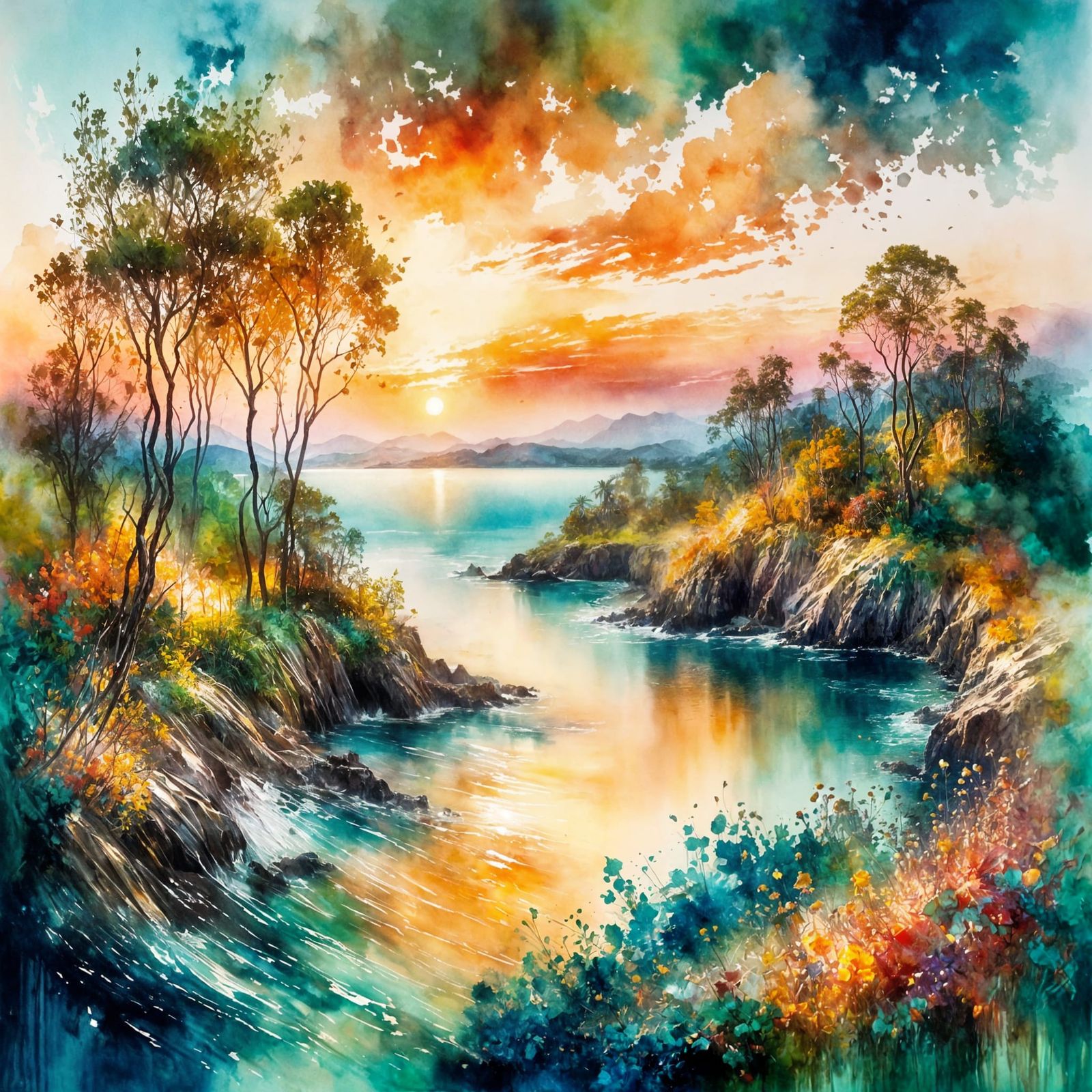 Island Sunrise: Watercolor and Oil Painting