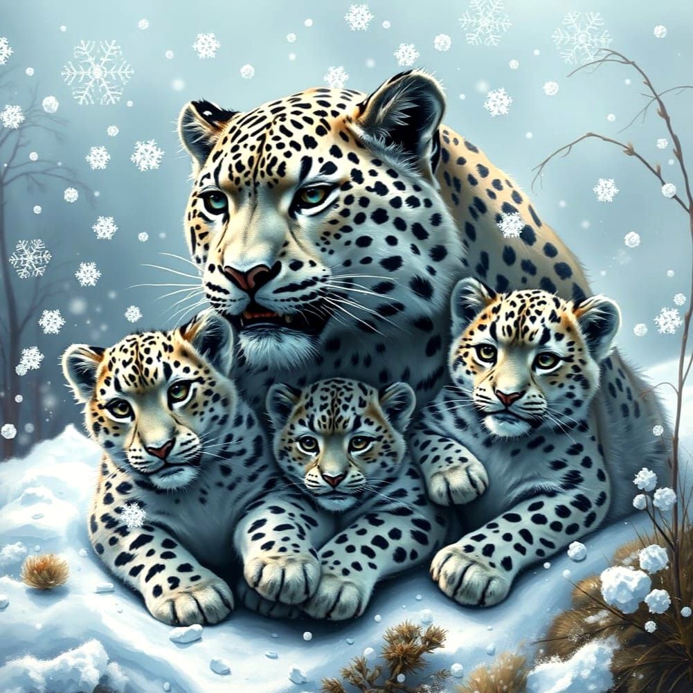 Snow Leopard Family in Winter Wonderland