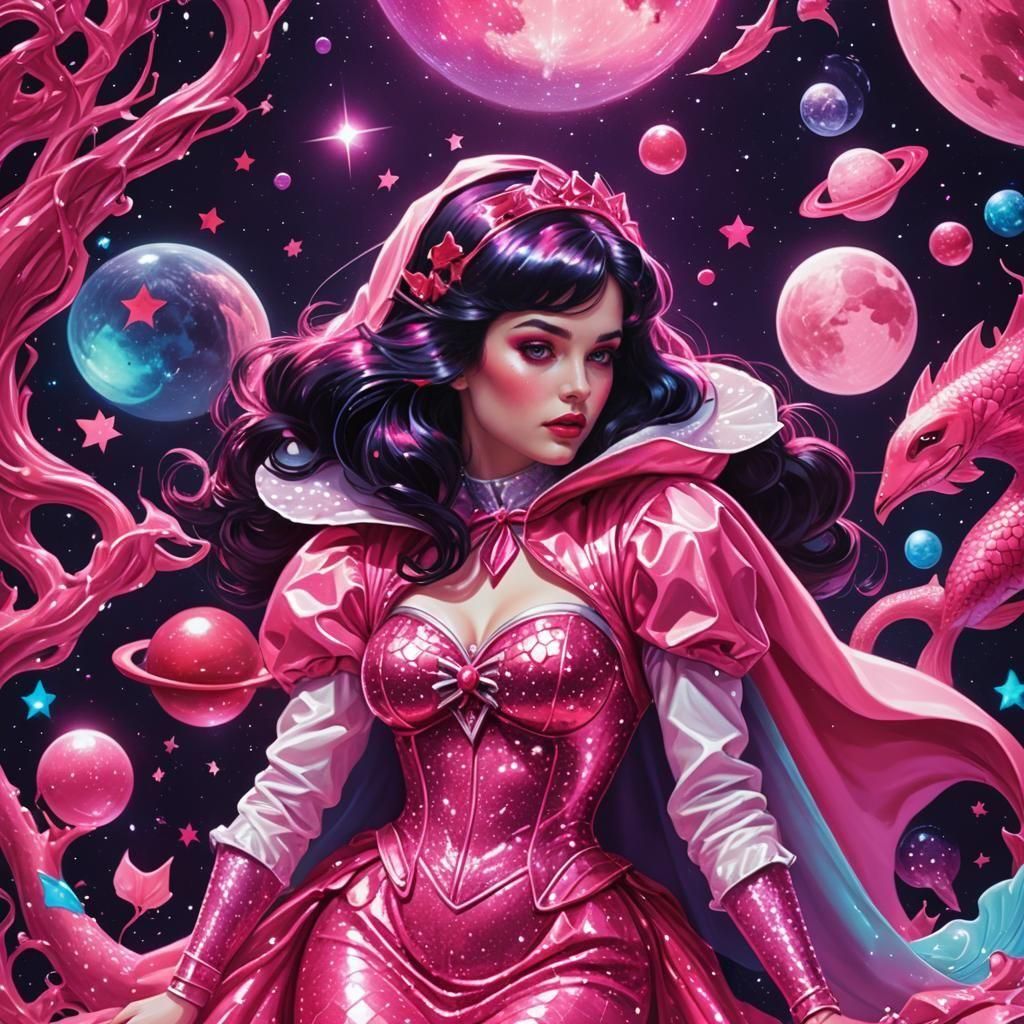 Snow White Red Riding Hood Space Mermaid in Synthwave
