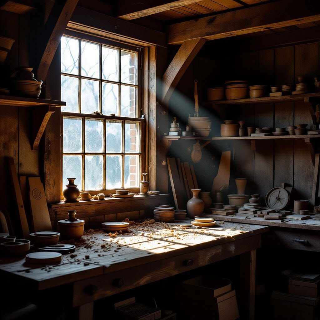 Cozy Woodworking Shop With Rembrandt Lighting