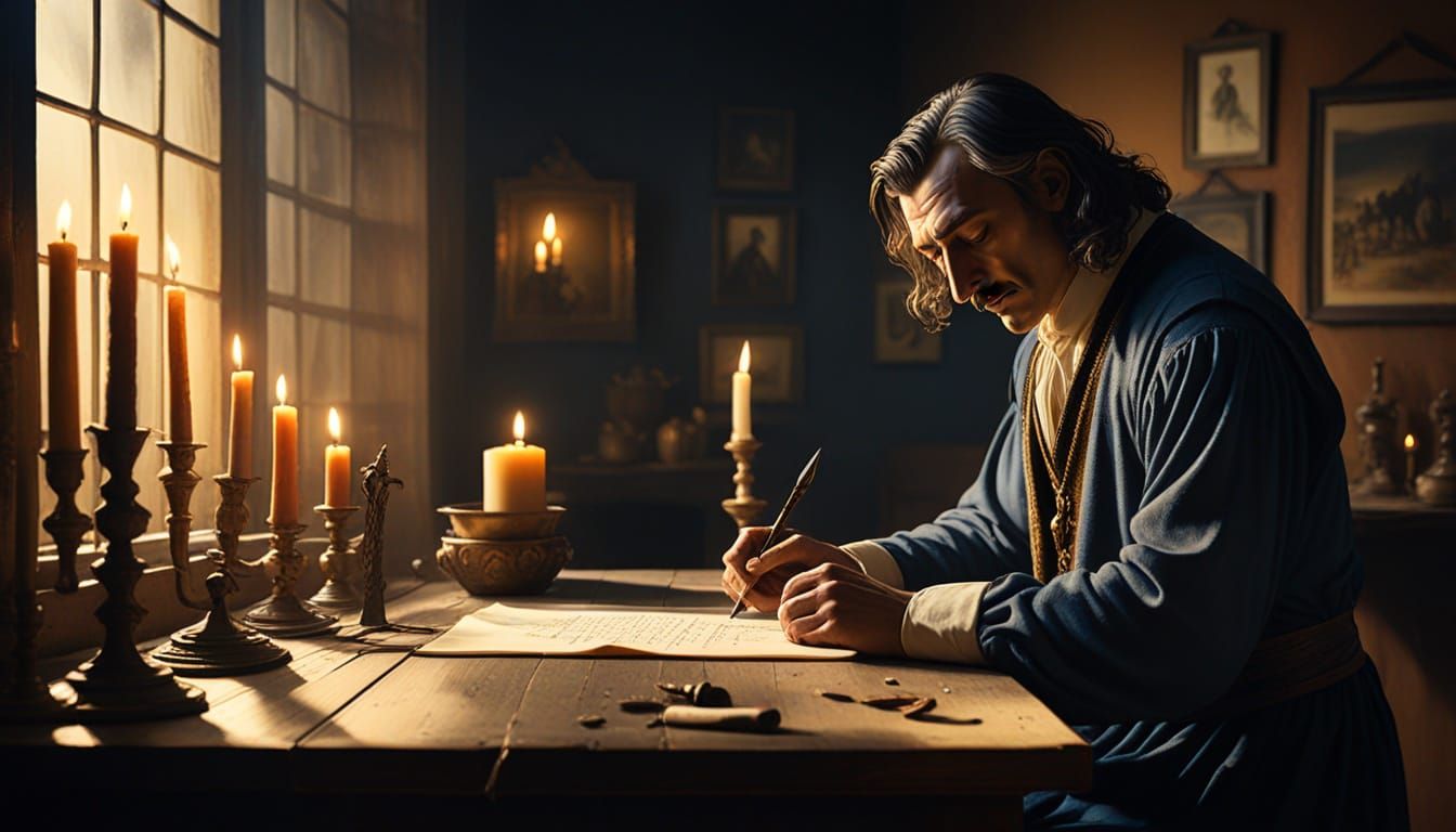 Medieval Writer in Surreal Oil Painting