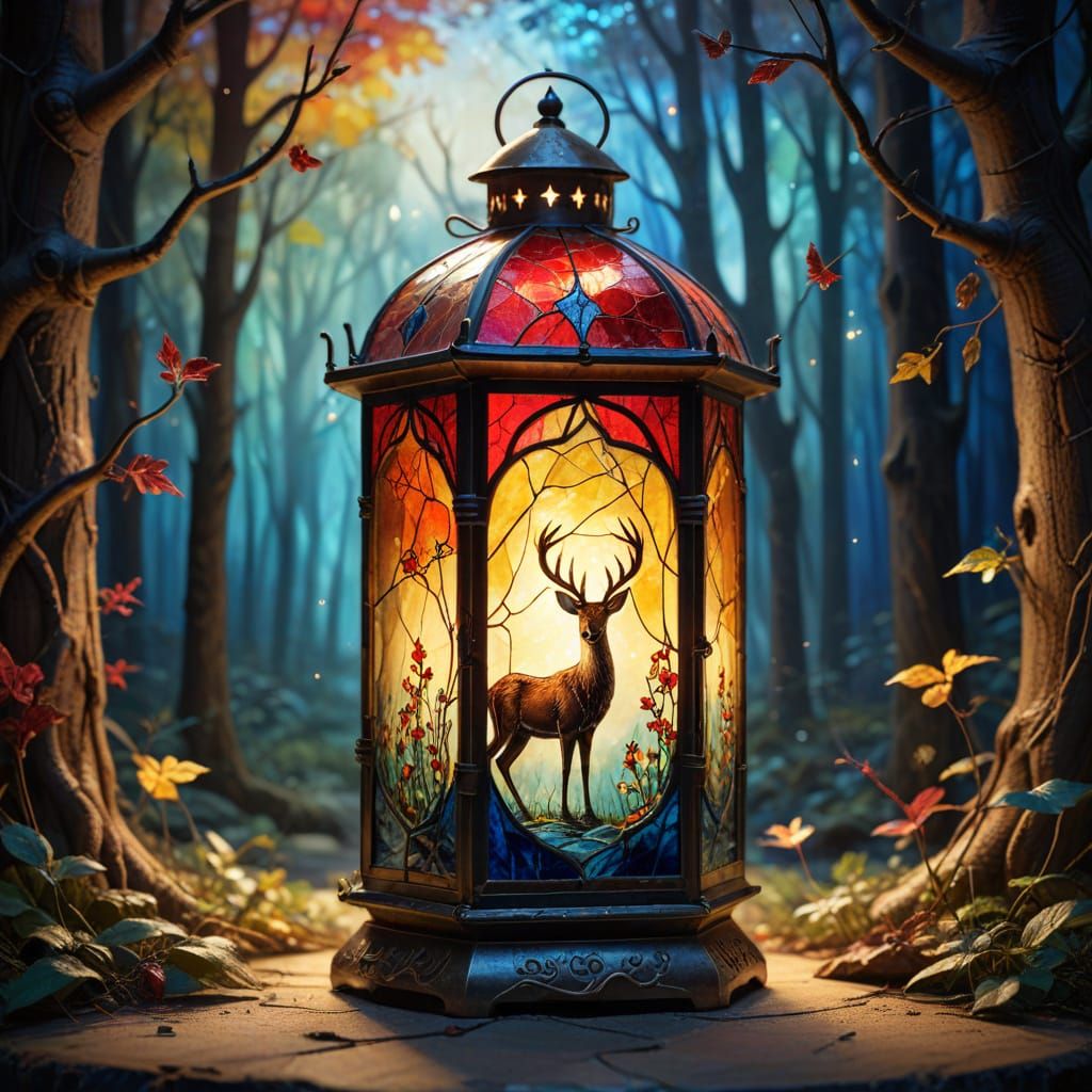 Fantasy Stained Glass Lantern with Deer and Candle