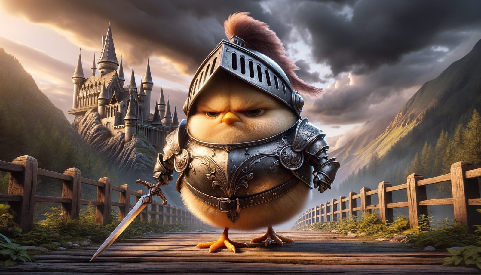 Grumpy Chick Knight in Medieval Castle Scene
