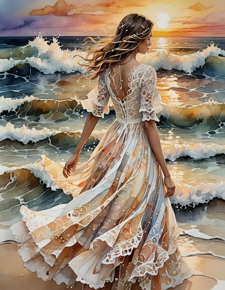 Whimsical Girl at Sunset Ocean as Mixed Media Art