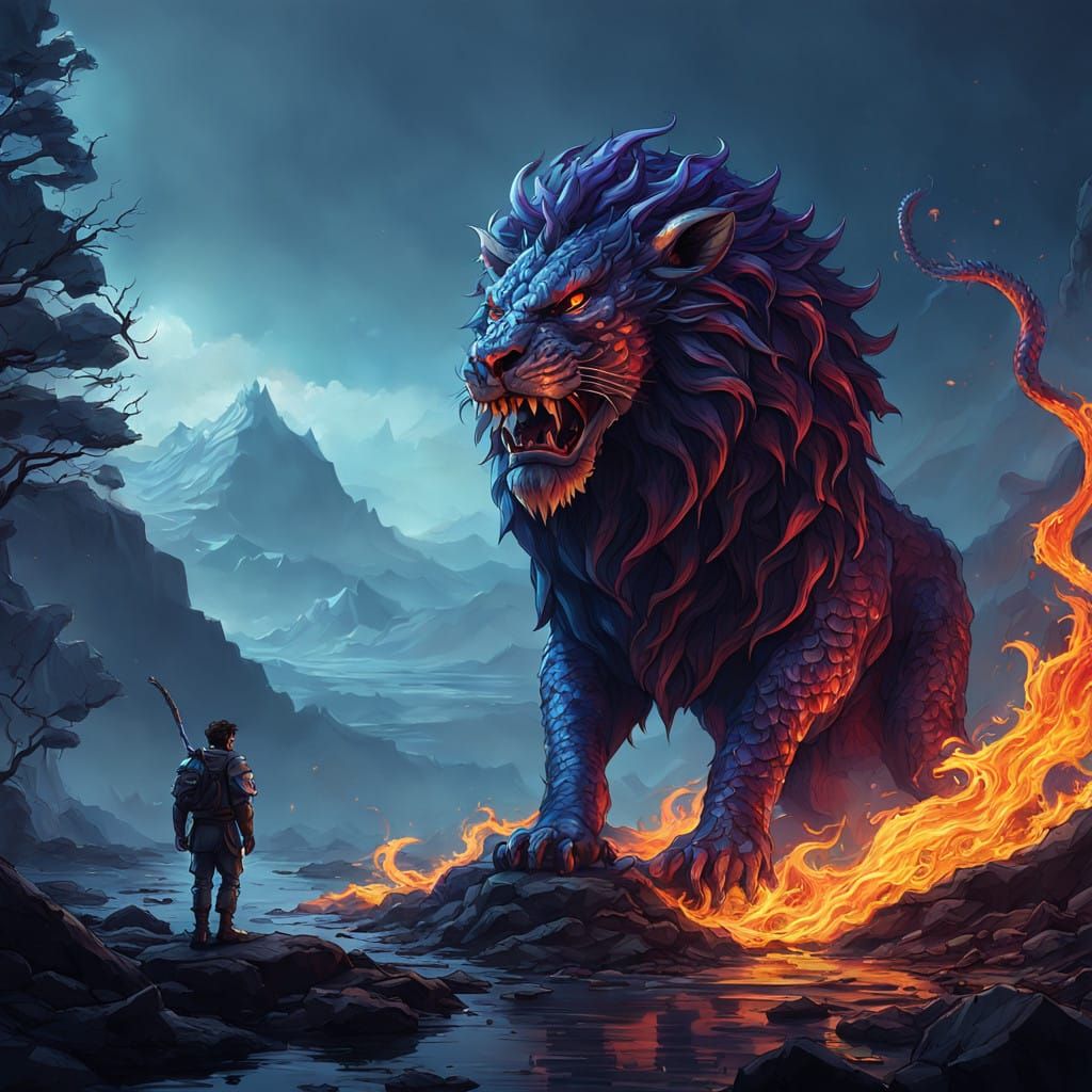 Majestic Dragon-Lion Human Emerges in Fiery Aura