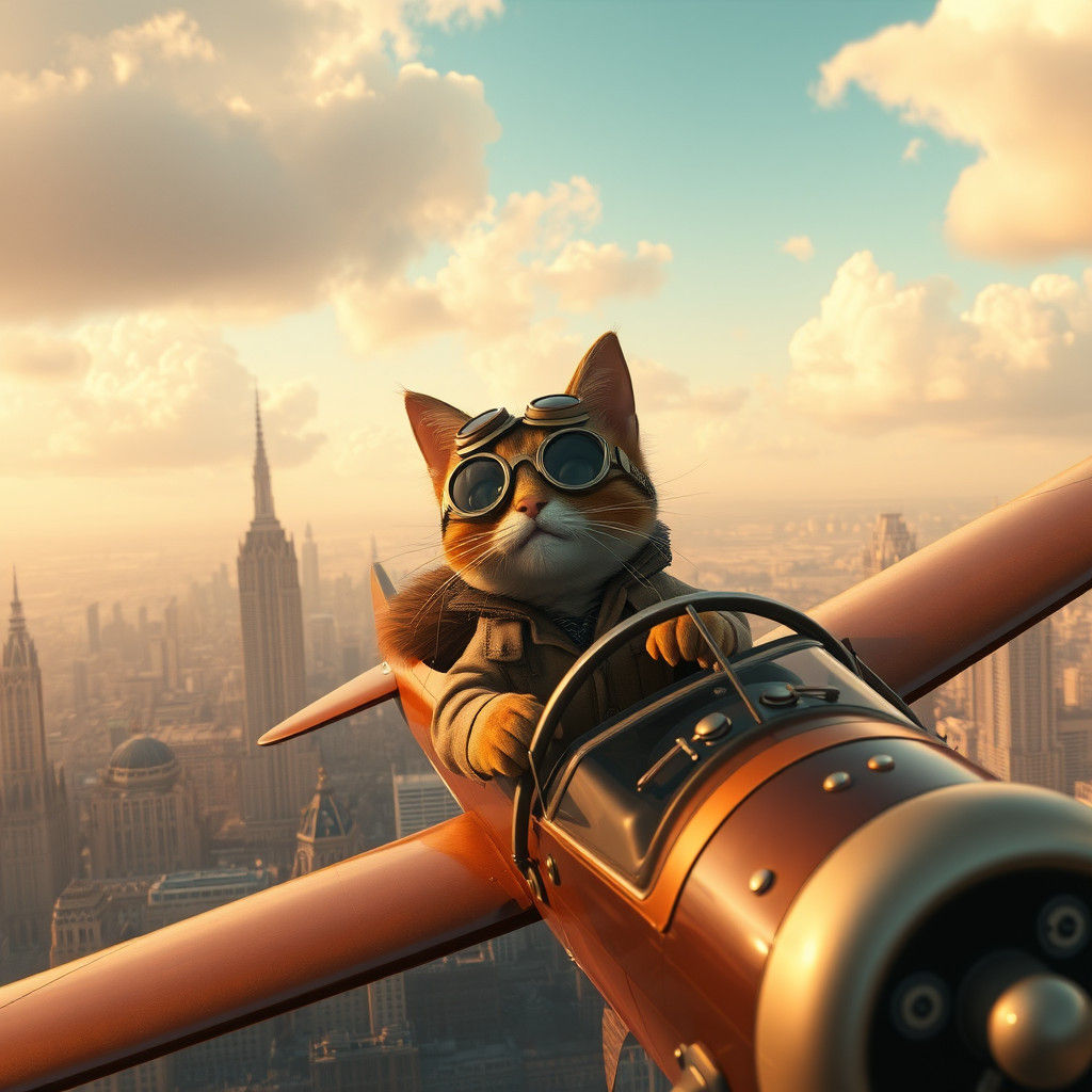 Cat Aviator Soaring Through Dreamy Cityscape