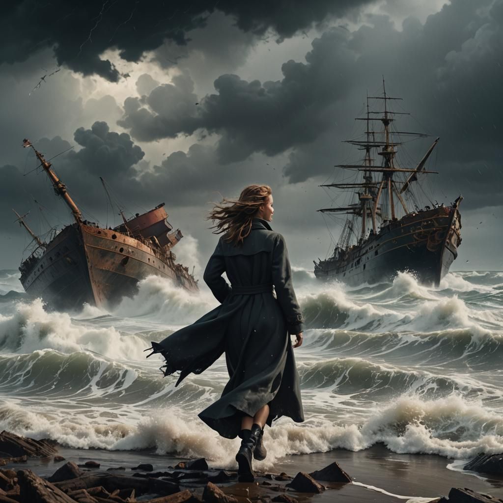 Girl on Stormy Shore with Shipwreck: Cinematic Painting