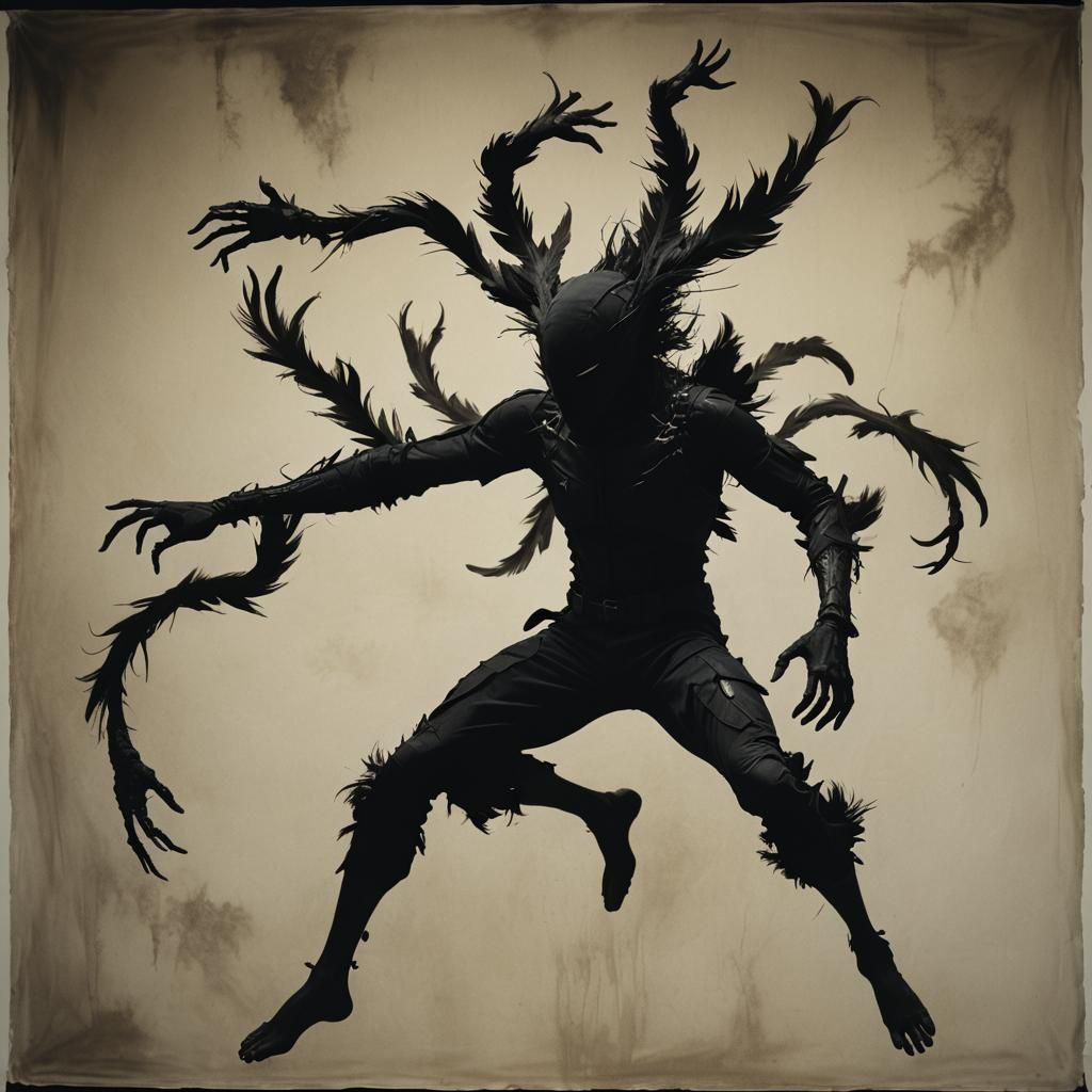 Sinister Multi-Armed Figure in Charcoal Painting