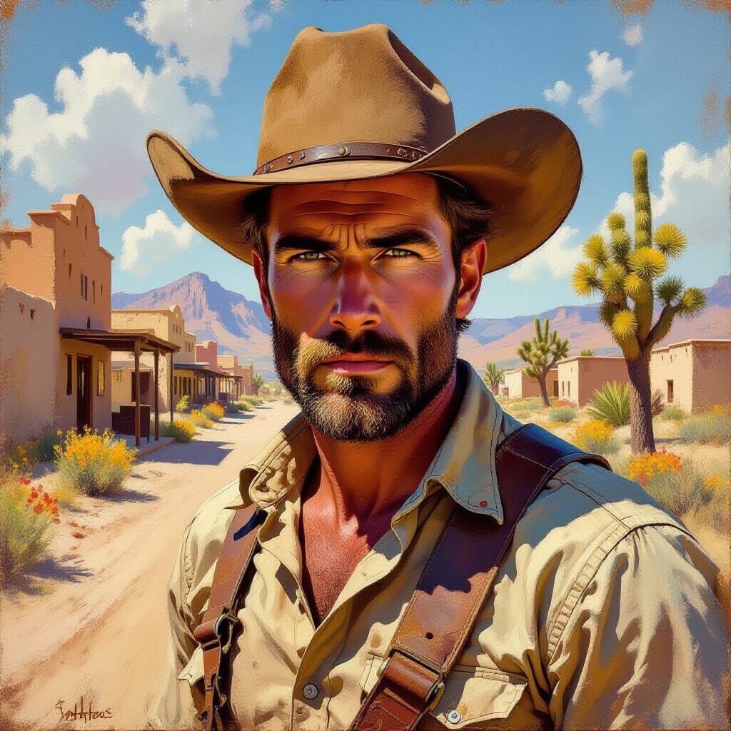 Rugged Cowboy Portrait in Dusty Western Town