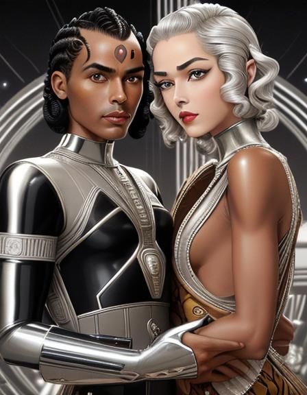 Retrofuturistic Couple in Art Deco Science Fiction Style