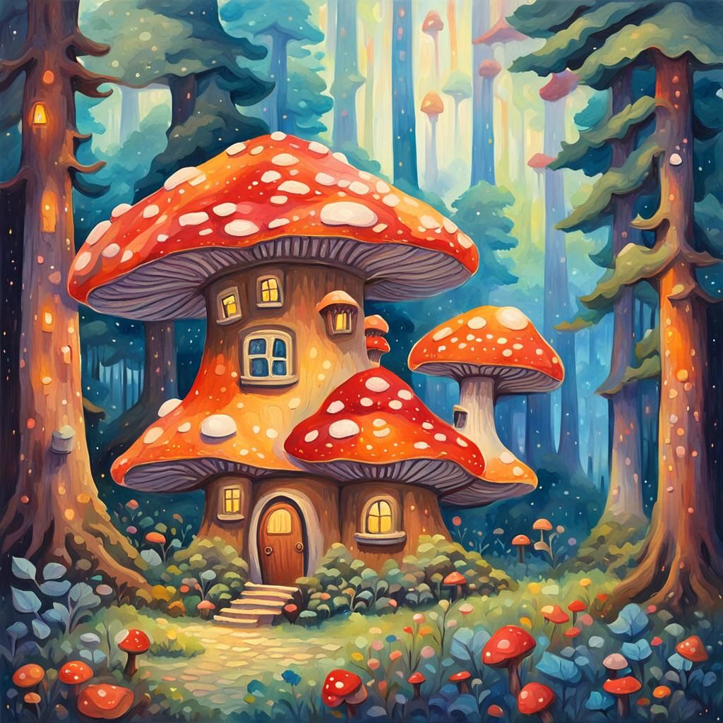 Dreamy Mushroom House in a Vibrant Bioluminescent Forest