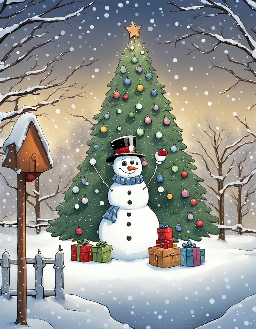 Frosty the Snowman and Christmas Tree in Snow