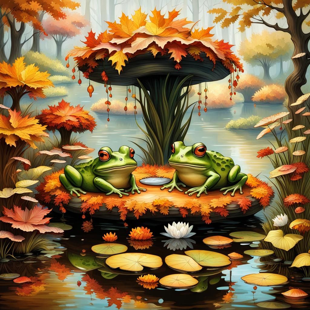 Fantasy Autumn Pond with Frogs