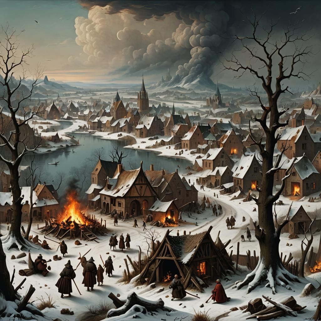 Witches' Bonfire in Bleak Winter Landscape