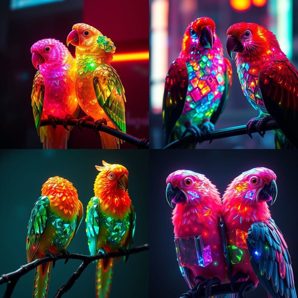 Parrots of Glowing Gemstones in Neon Cyberpunk Style