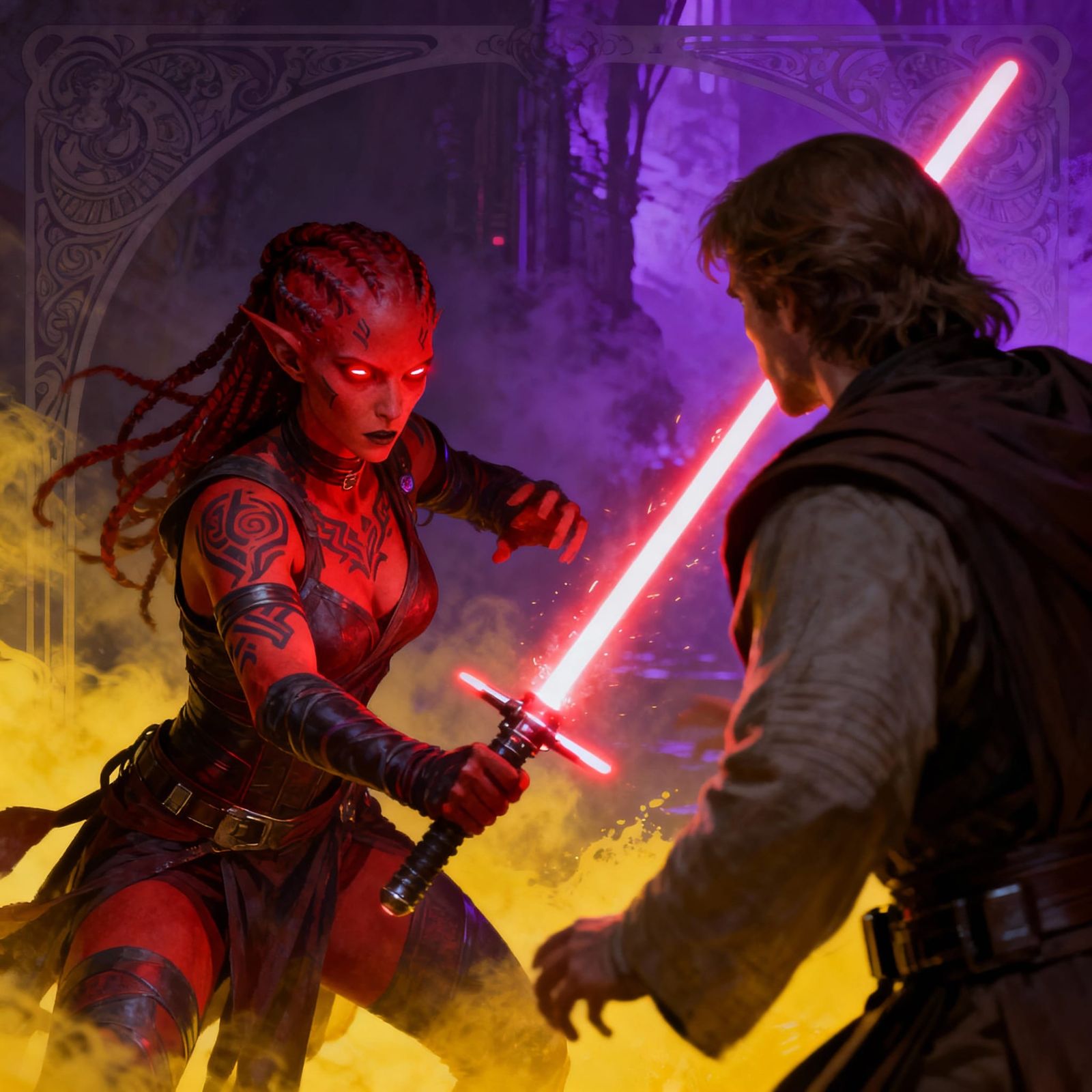 Twi'lek Sith Duel Against Jedi in Dark Fantasy Art