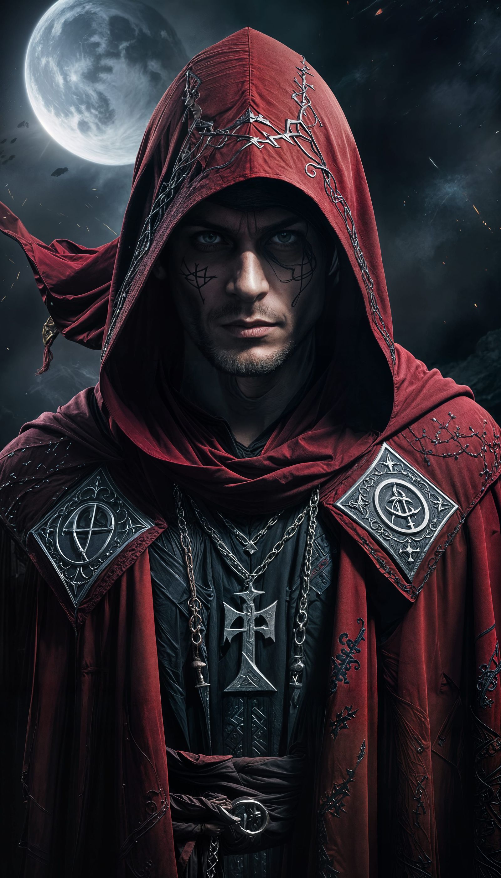 Dark Red Cloaked Sorcerer in Basic Hood