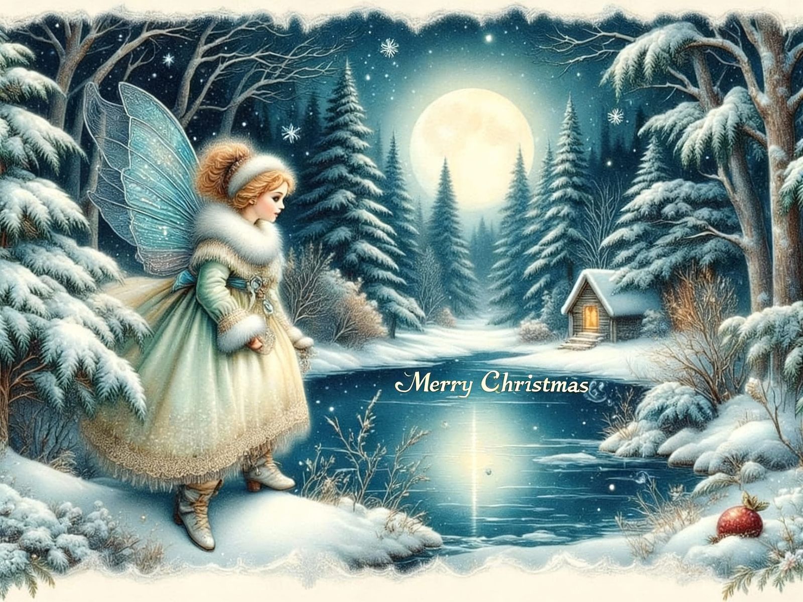 Vintage Fairy Christmas Card in Winter Forest