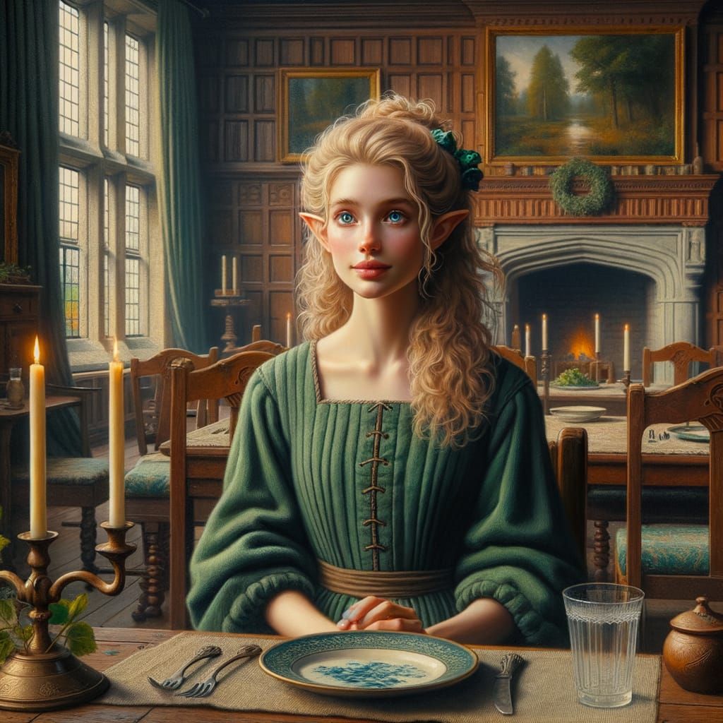 Elven Woman at Dinner in Old Master Style