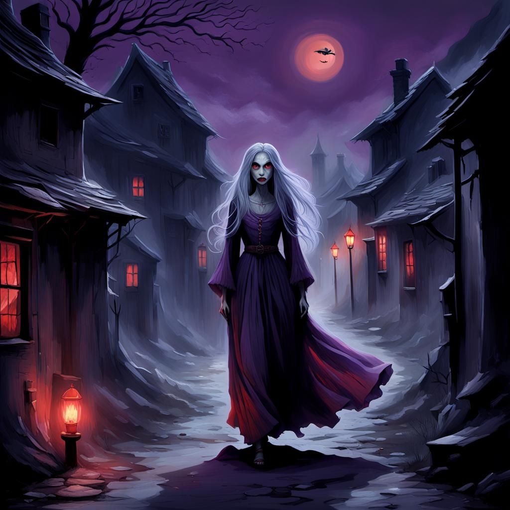 Headless Figure in Misty Village: Dark Fantasy Illustration