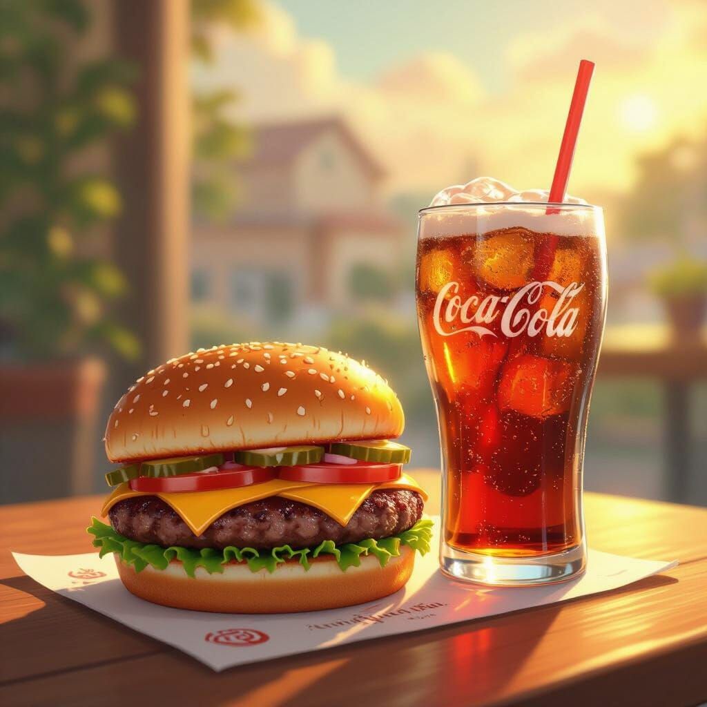 Juicy Burger and Frothy Soda in Studio Ghibli Style
