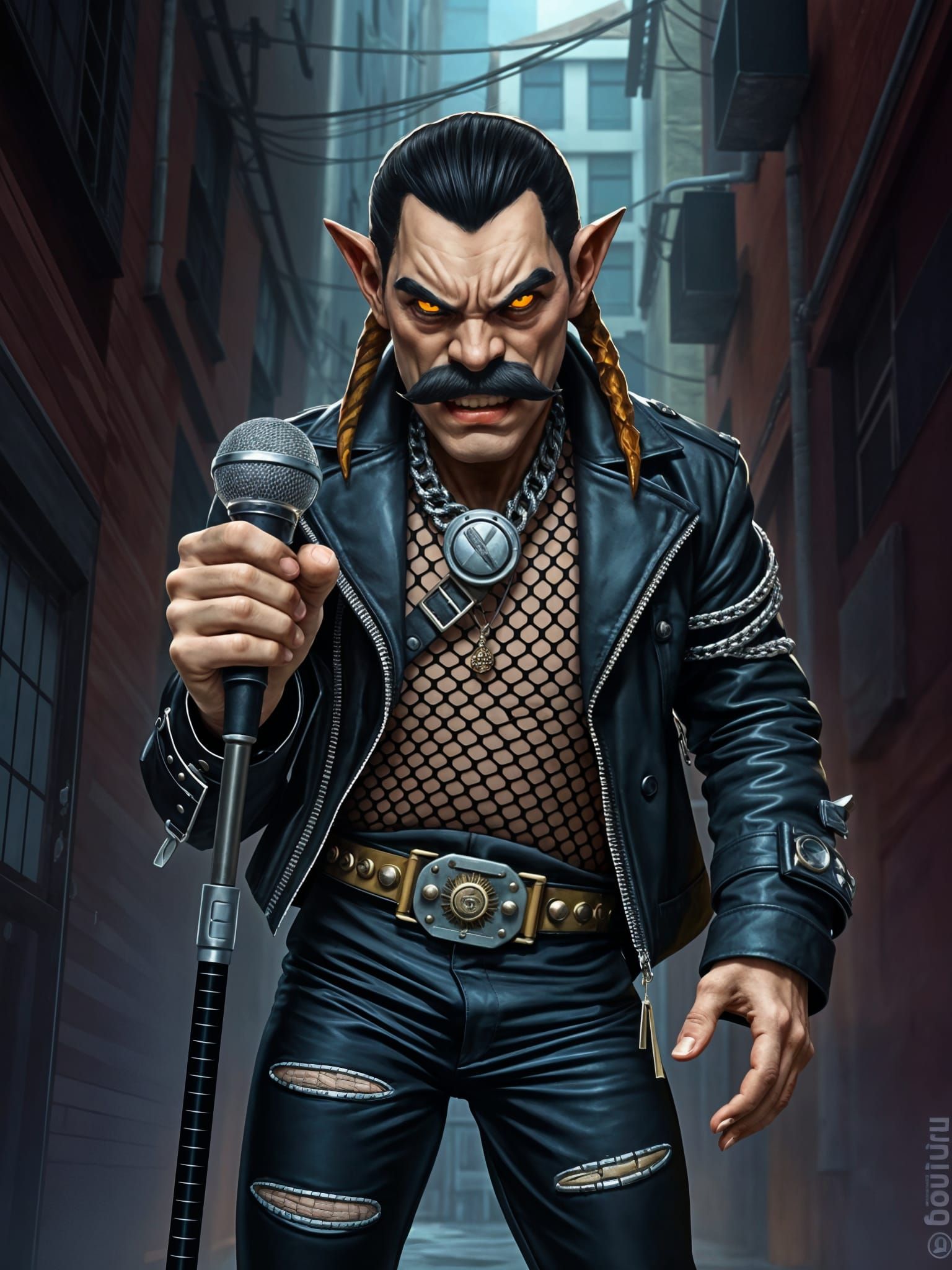 Freddie Mercury as Cyberpunk Troll Wields Bludgeoning Club