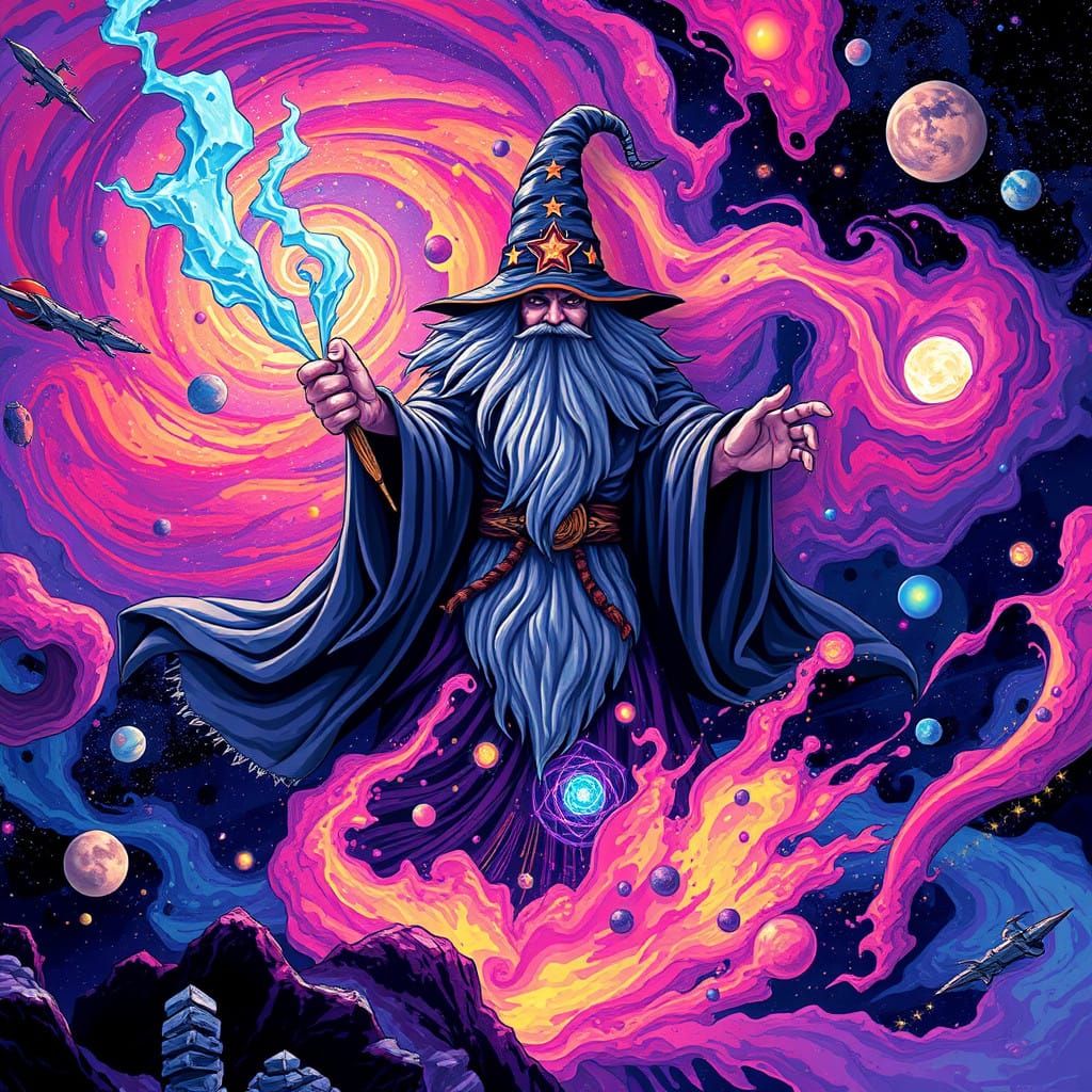 Cosmic Wizard Swirling in Vibrant Pixel Art