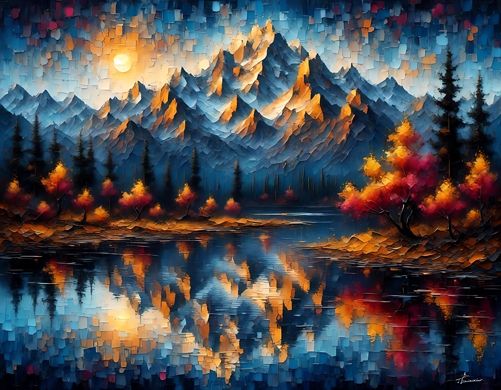 Night Mountainscape Reflected in Lake with 3D Effects