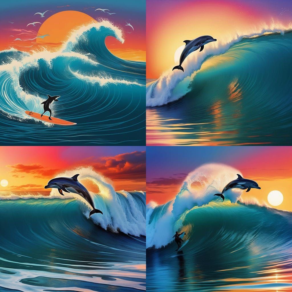 Dolphin Surfer Rides Sunset Wave in Vibrant Colors