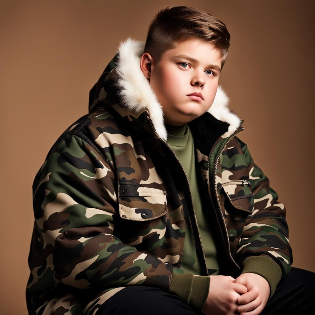 Chubby Teen in Camo Coat with Fur Hoodie