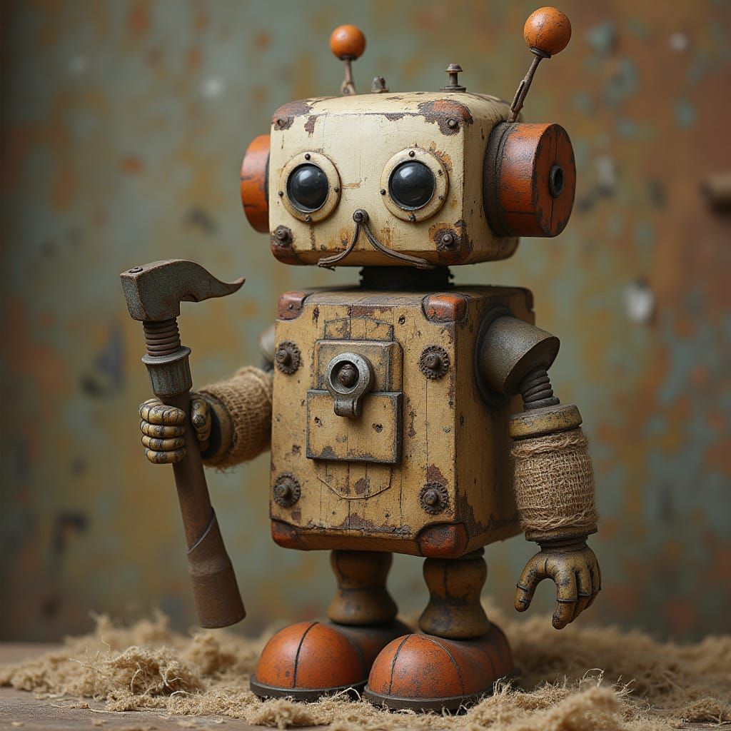 Vintage Barn Robot in Whimsical Folk Art Style
