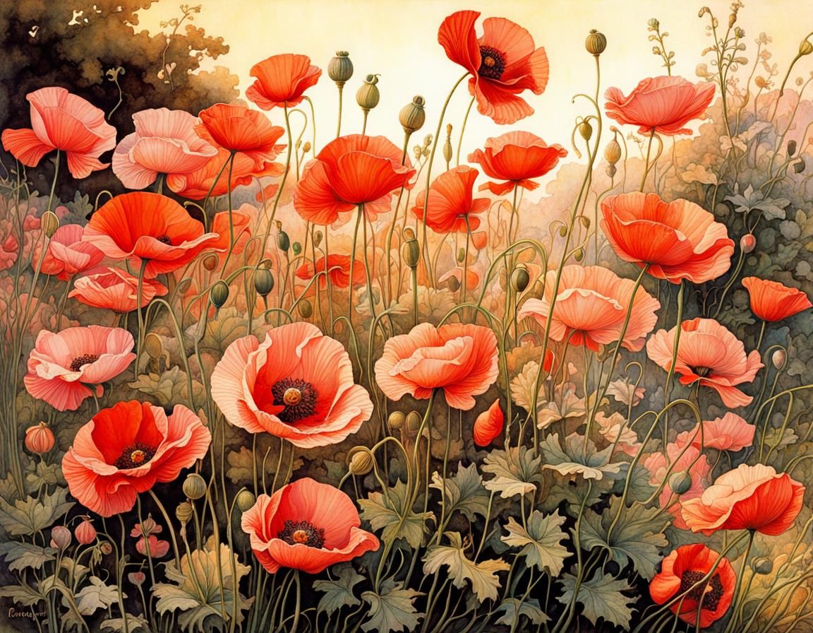 Whimsical Poppies in Pastel Hues, Intricately Rendered