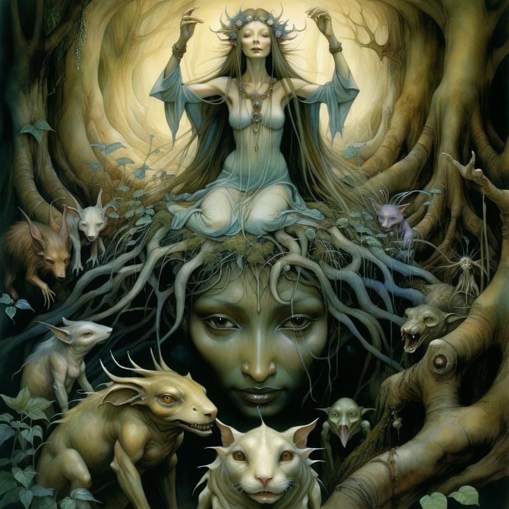 Subterranean Goddess Surrounded by Earth Spirits