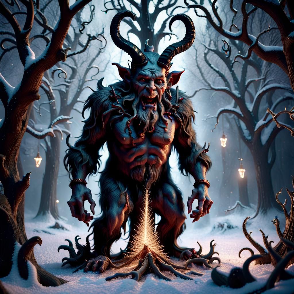 Fantastical Krampus Tree in Winterscape, CGI Art
