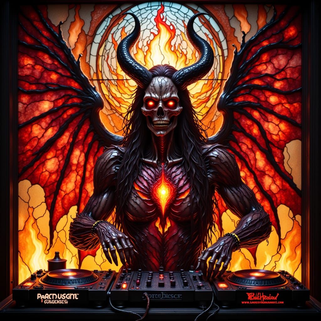 Satan as a DJ in Hellish Stained-Glass