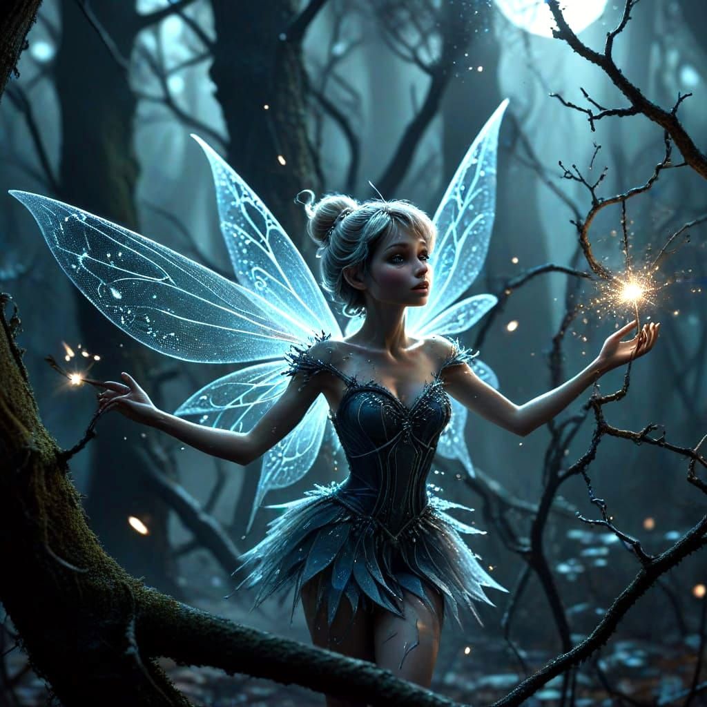 Dark Twisted Tinkerbell Illuminated by Flickering Lanterns