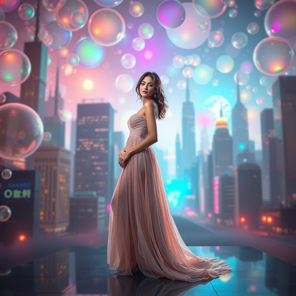 Woman in Iridescent Bubble Cityscape, Digital Art