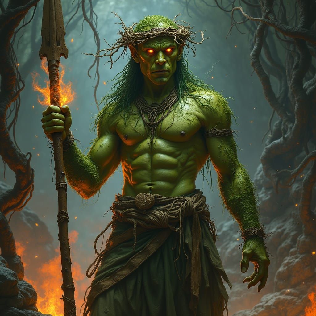 Green-Skinned Druid Controlled by Volcanic Earth Spirit