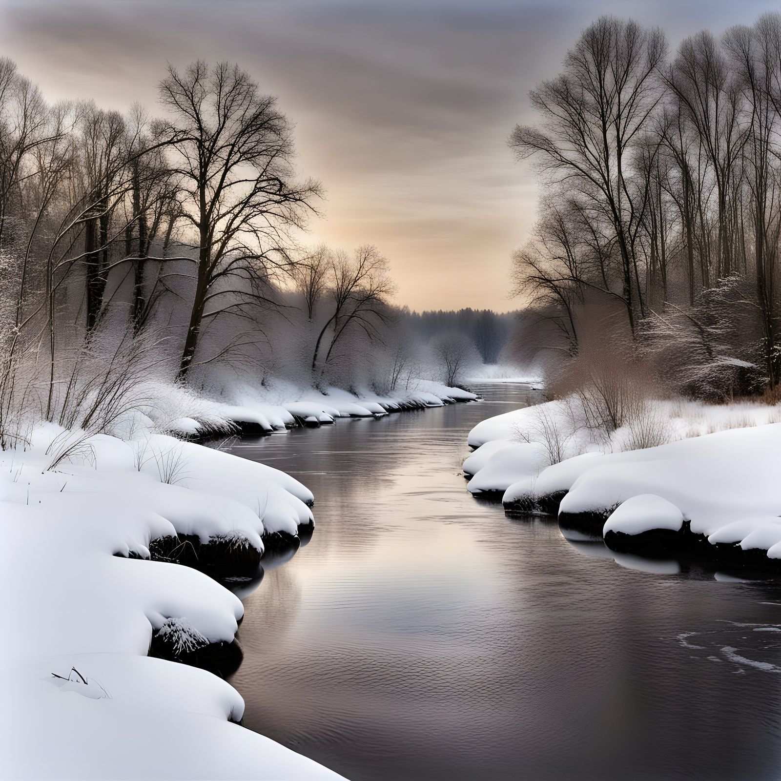 Tranquil Winter Riverscape with Snow and Bare Trees
