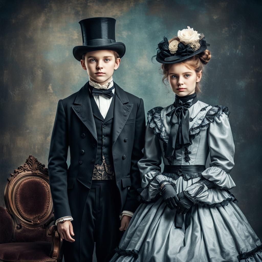 Victorian Portrait of Boy and Girl in Elegant Clothing