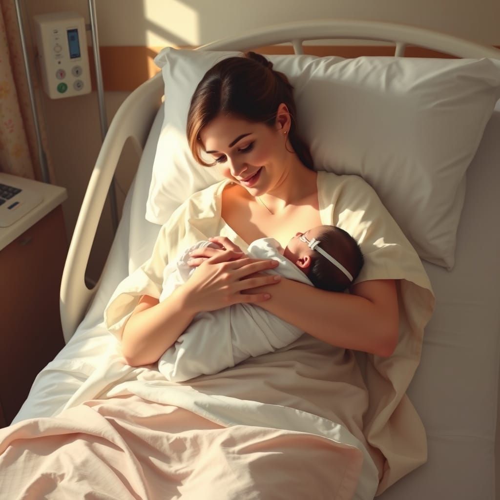 Tender Mother Cradles Newborn in Warm Hospital Light