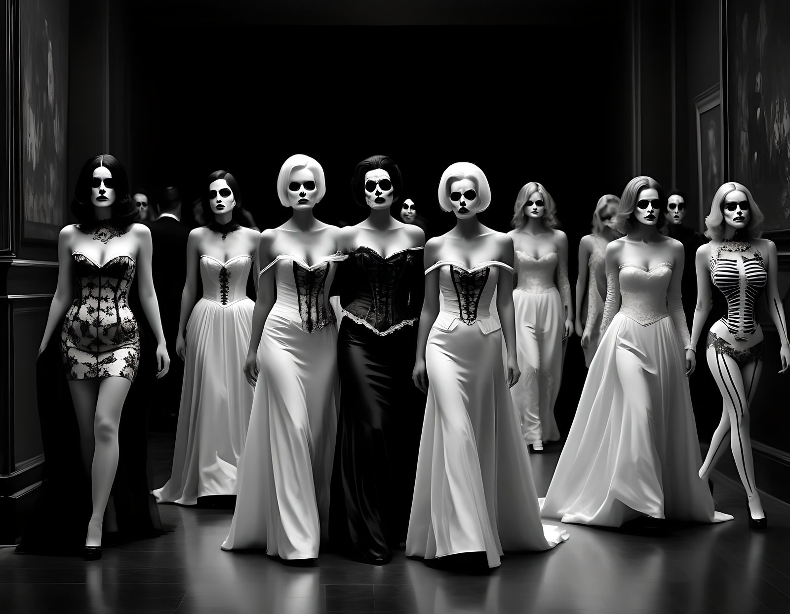 Ghoulish Figures on Catwalk: Surreal Black and White Digital...
