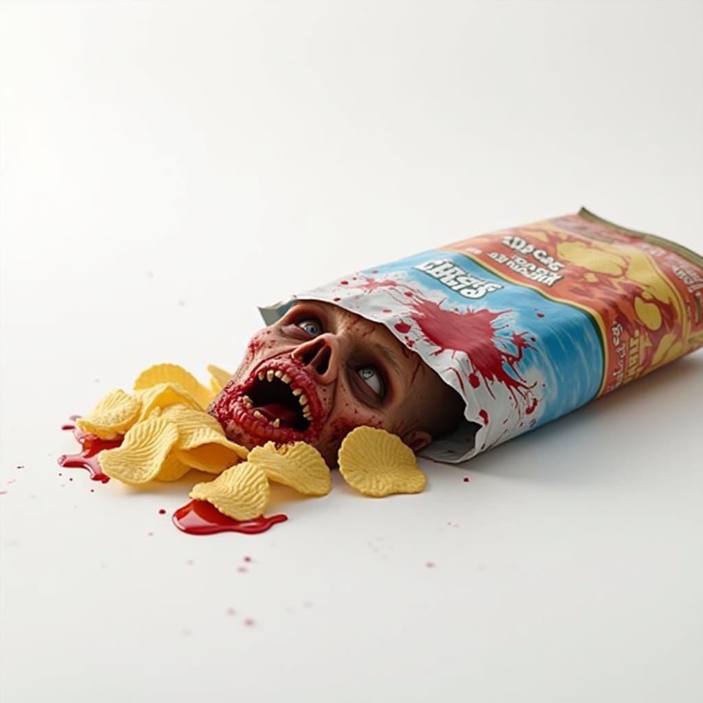 Hyper-Realistic Zombie Devouring Chips in Dark Horror Scene