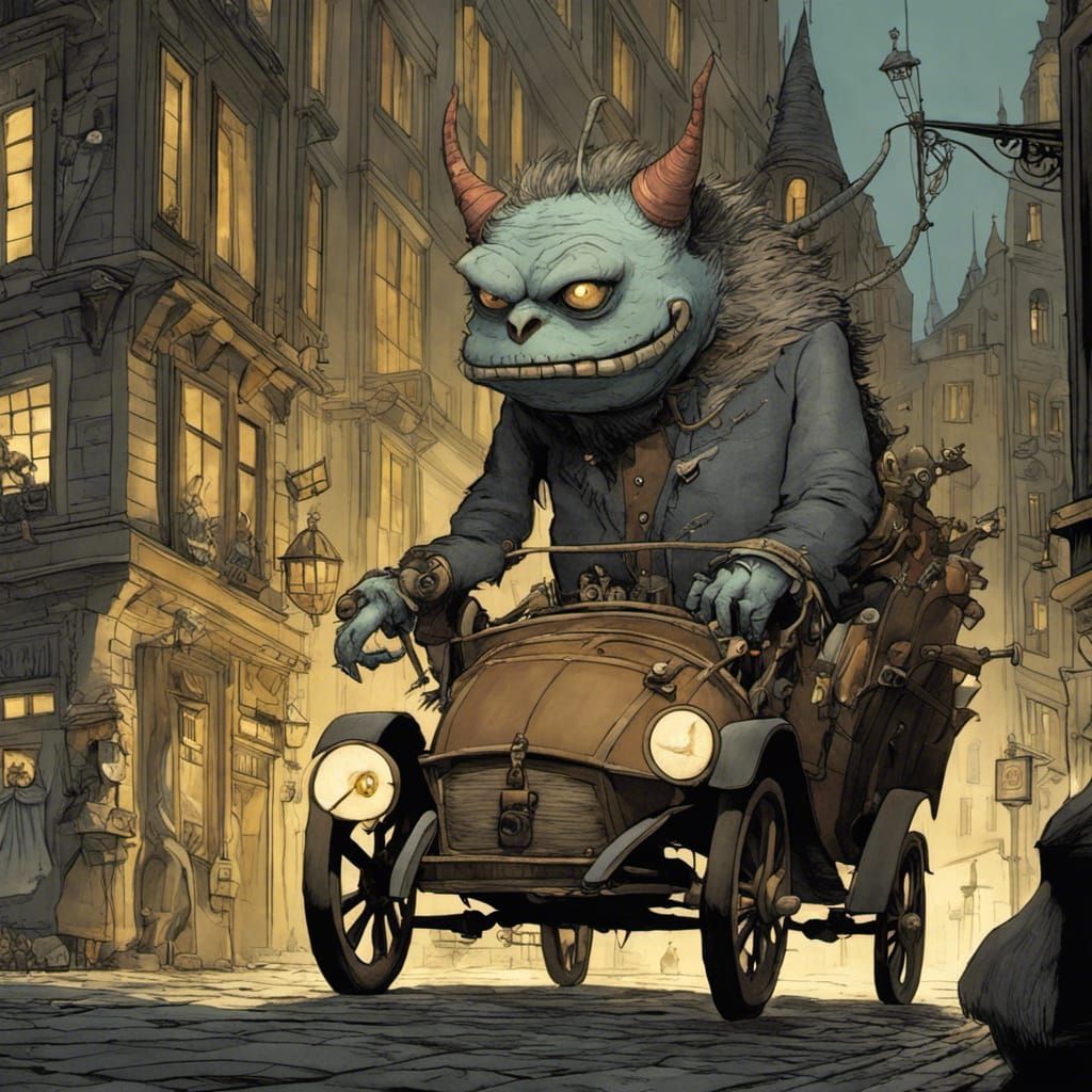 Monster in Unconventional Car, Dark Fantasy Art