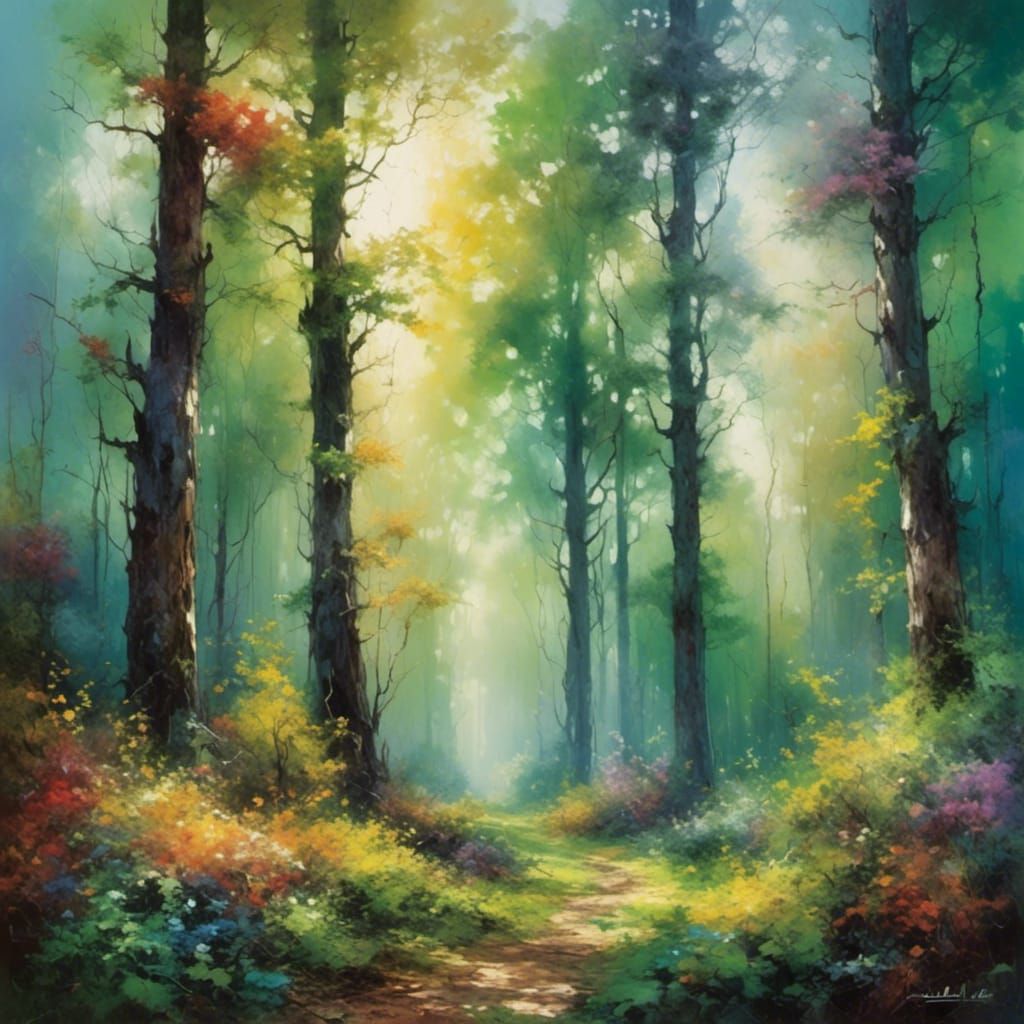 Lush Forest in Impressionistic Sunlight